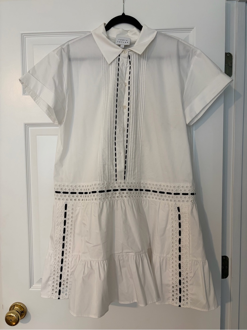Tanya Taylor White Cotton Eyelet Trim Mini Dress with Black Accents